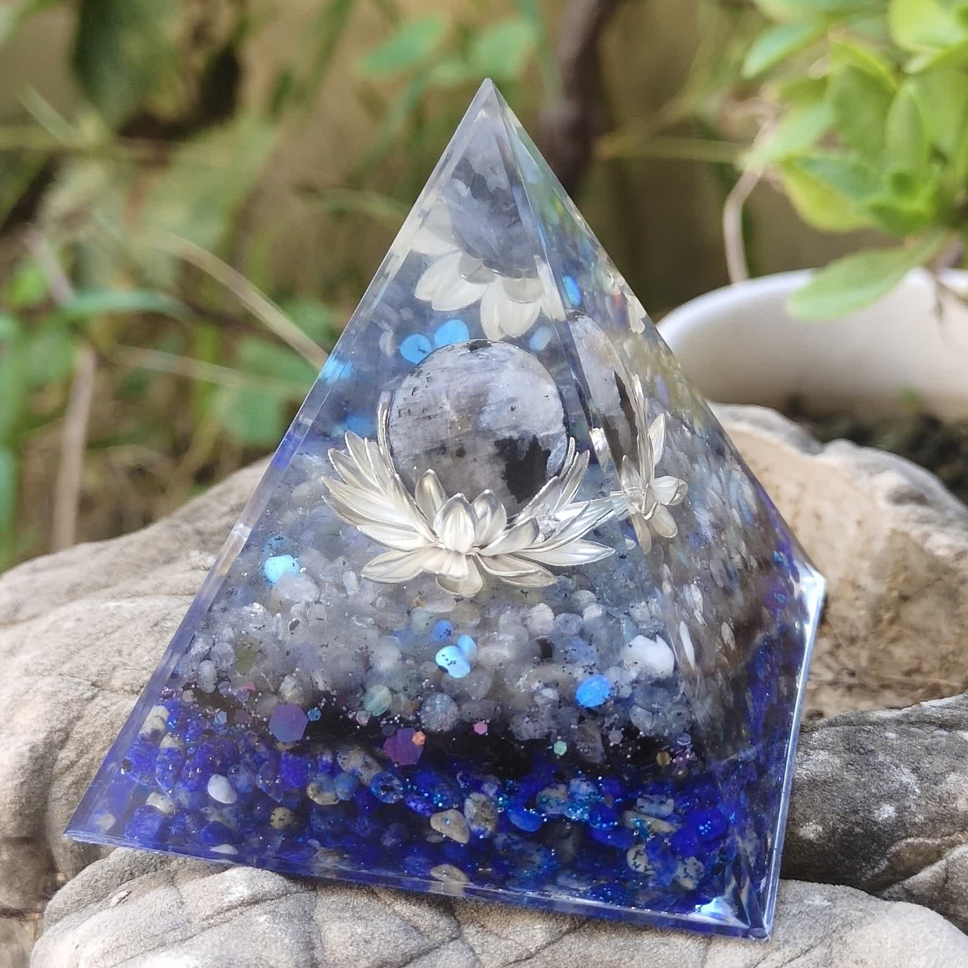 Olivenorma Moonstone Lapis Lazuli Lotus Pedestal Orgone Pyramid