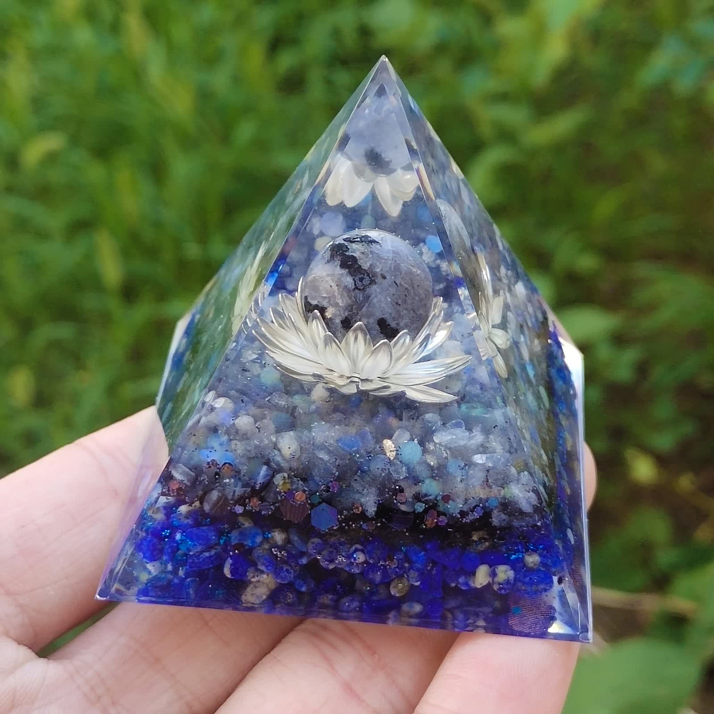 Olivenorma Moonstone Lapis Lazuli Lotus Pedestal Orgone Pyramid