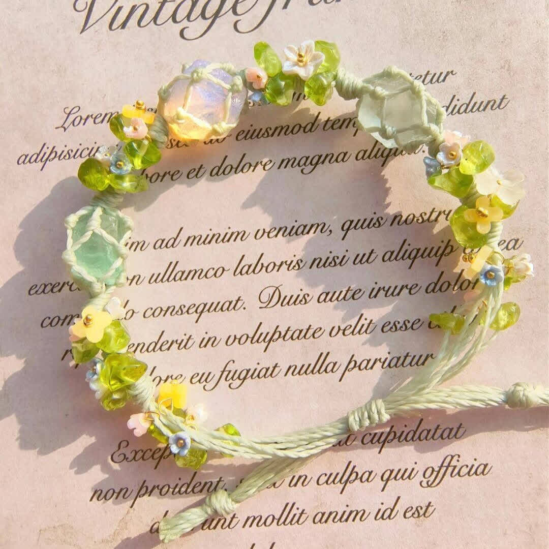 Olivenorma Green Fluorite Opalite Crystal Braided Flower Bracelet