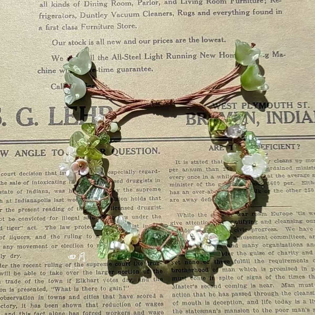 Olivenorma Green Fluorite Peridot Crystal Braided Flower Bracelet