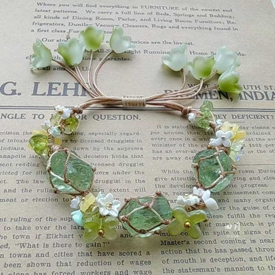 Olivenorma Green Fluorite Peridot Crystal Braided Flower Bracelet