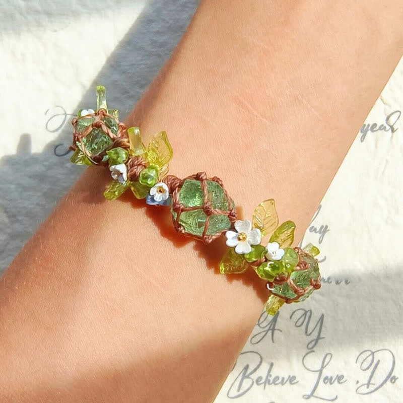 Olivenorma Green Fluorite Peridot Stone Braided Flower Bracelet