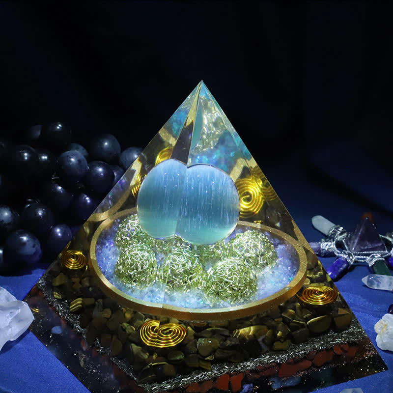 Olivenorma 14cm Blue Cat's Eye Stone Orgone Pyramid