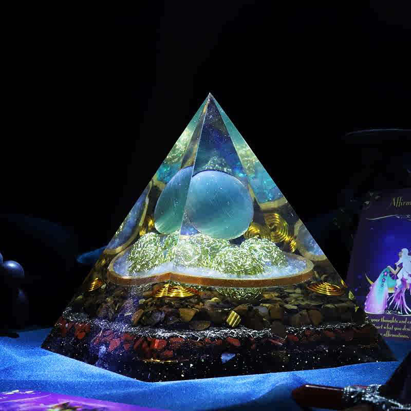 Olivenorma 14cm Blue Cat's Eye Stone Orgone Pyramid