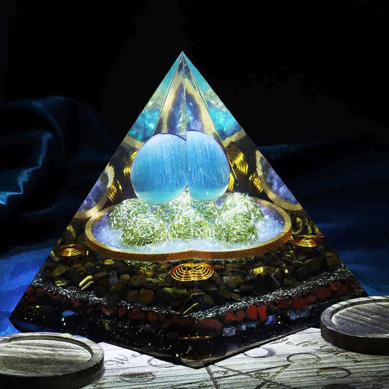 Olivenorma 14cm Blue Cat's Eye Stone Orgone Pyramid