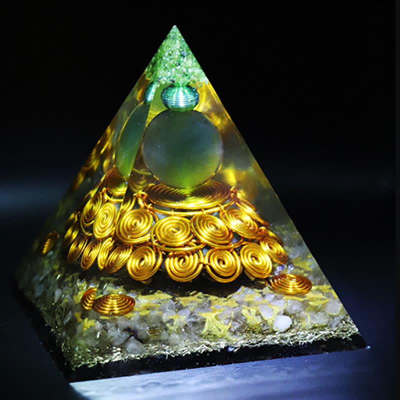 Olivenorma 14cm Green Cat's Eye Stone Orgone Pyramid