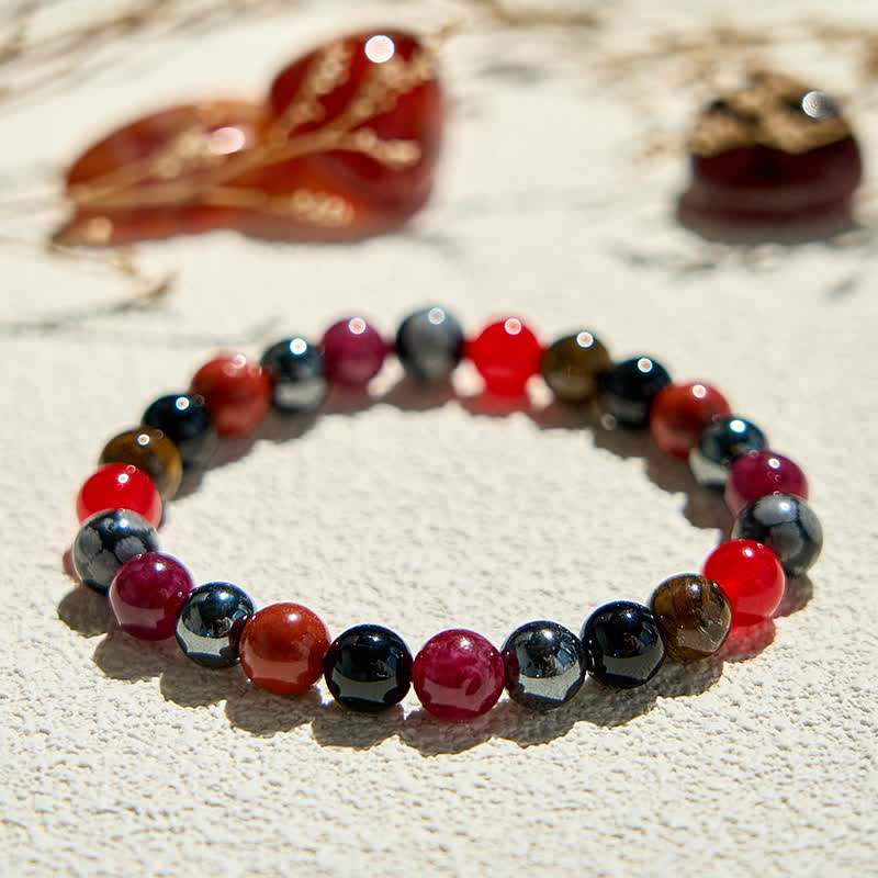 Olivenorma Snowflake Obsidian Hematite Ruby Quartz Beaded Bracelet