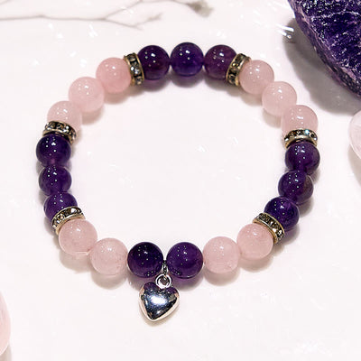 Olivenorma Amethyst Rose Quartz Heart Charm Beaded Bracelet