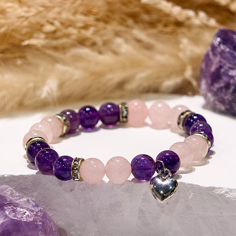 Olivenorma Amethyst Rose Quartz Heart Charm Beaded Bracelet