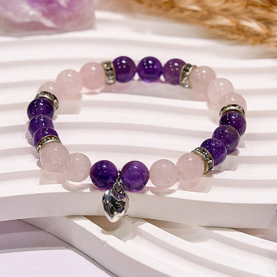 Olivenorma Amethyst Rose Quartz Heart Charm Beaded Bracelet