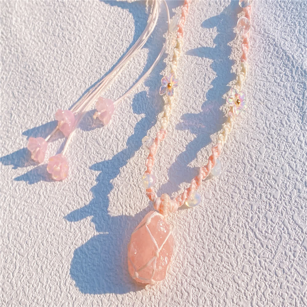 Olivenorma Rose Quartz Opalite Crystal Braided Necklace