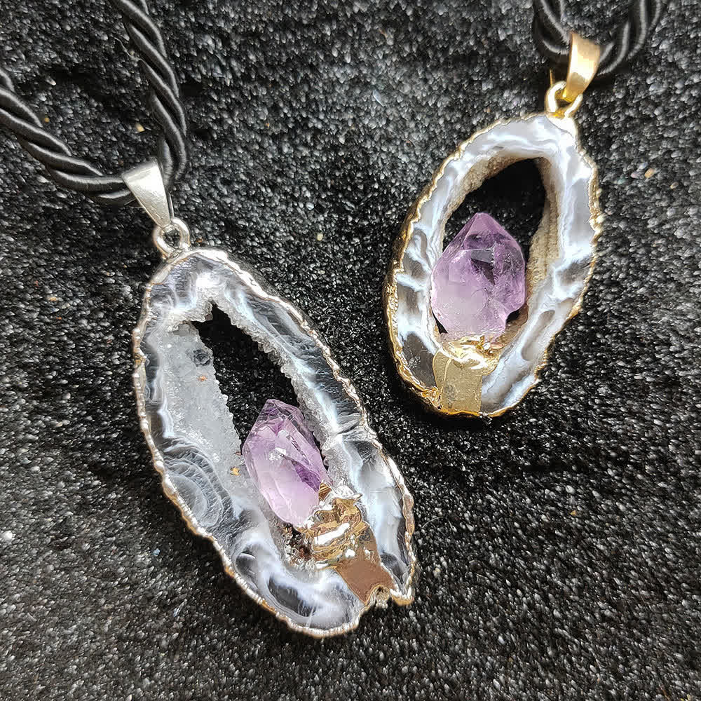 Olivenorma Amethyst White Agate Crystal Cave Pendant Necklace