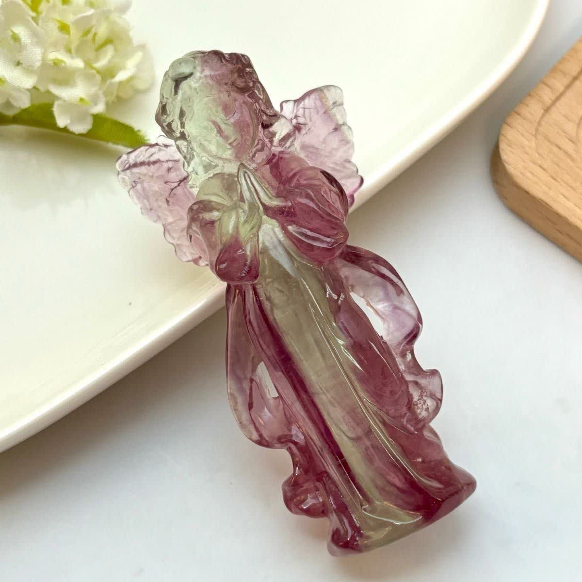 Olivenorma Natural Rainbow Fluorite Angel Carving Gemstone Decoration