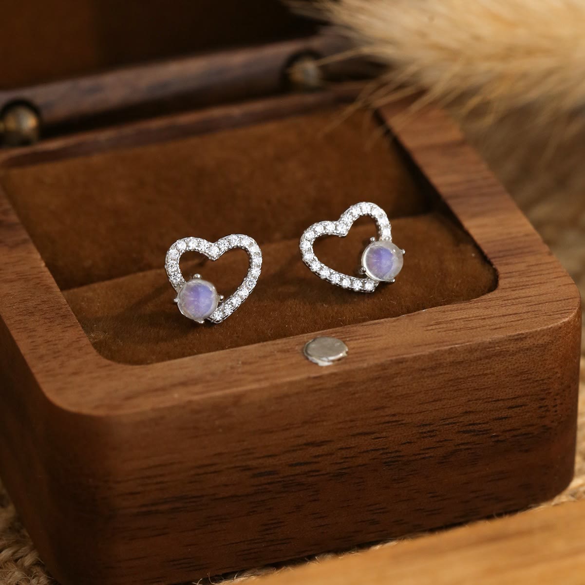 Olivenorma Heart Shaped Round Moonstone Stud Earrings