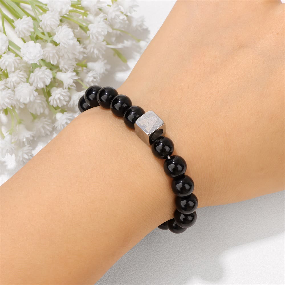 Olivenorma 8mm Initial Cube Obsidian Beaded Bracelet