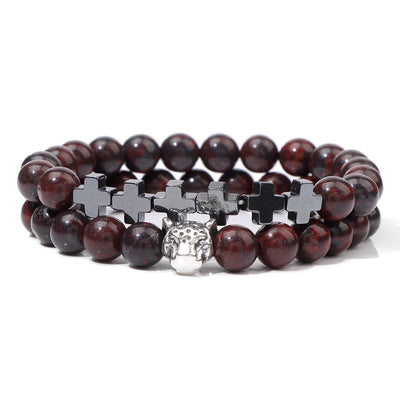 Olivenorma 2Pcs Leopard Head Cross Charm Gemstone Beaded Bracelet