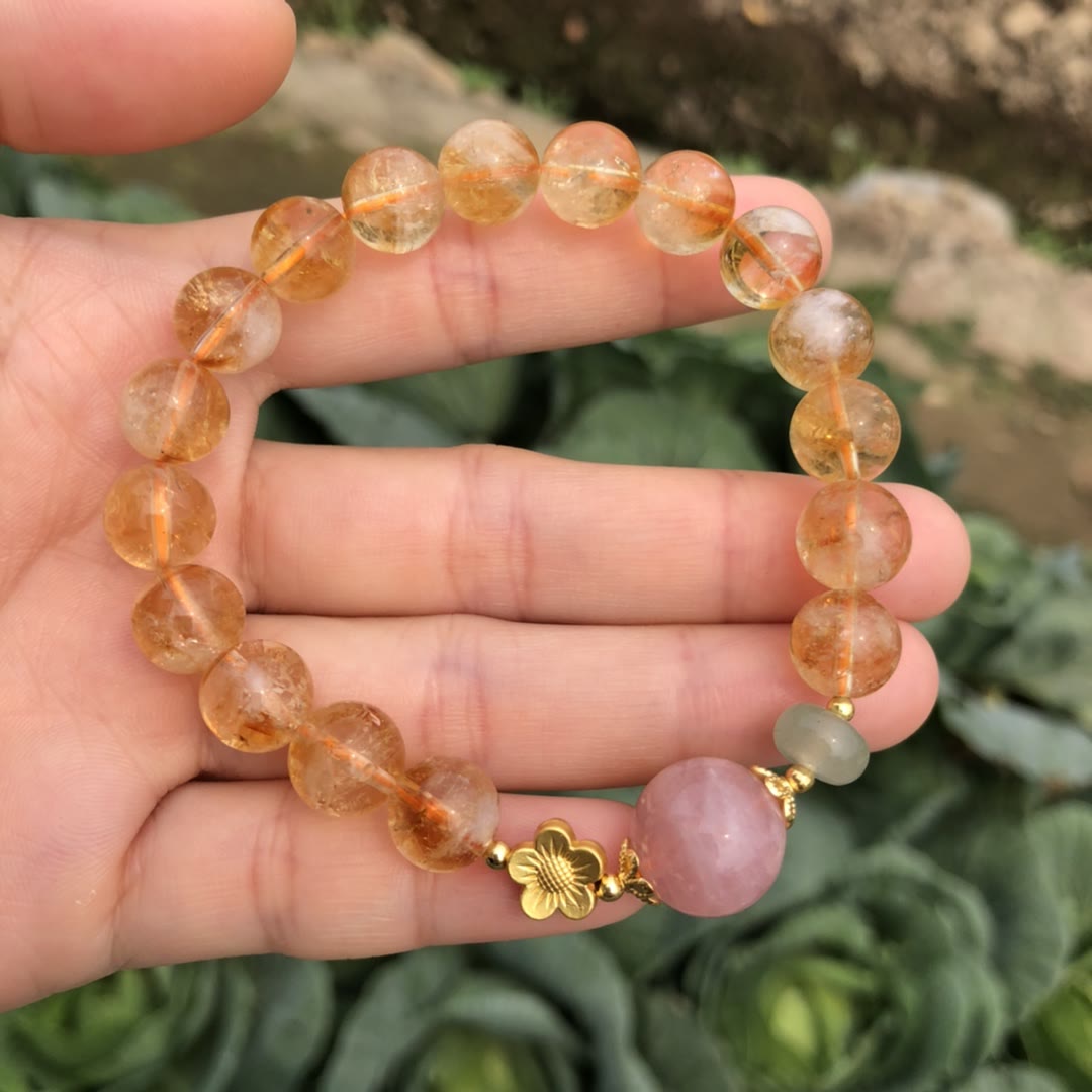 Olivenorma Natural Citrine Rose Quartz Flower Charm Beaded Bracelet