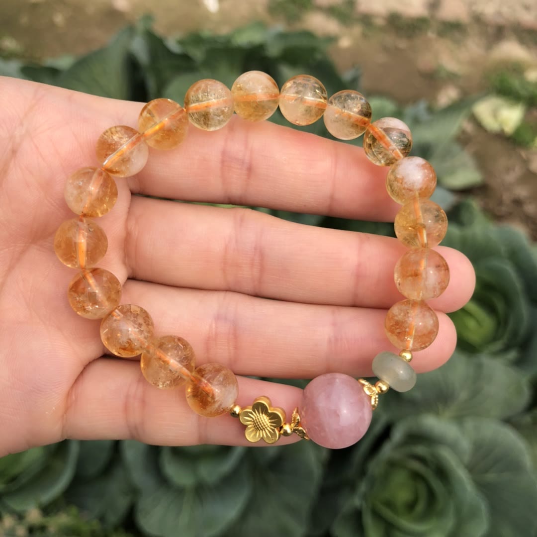 Olivenorma Natural Citrine Rose Quartz Flower Charm Beaded Bracelet