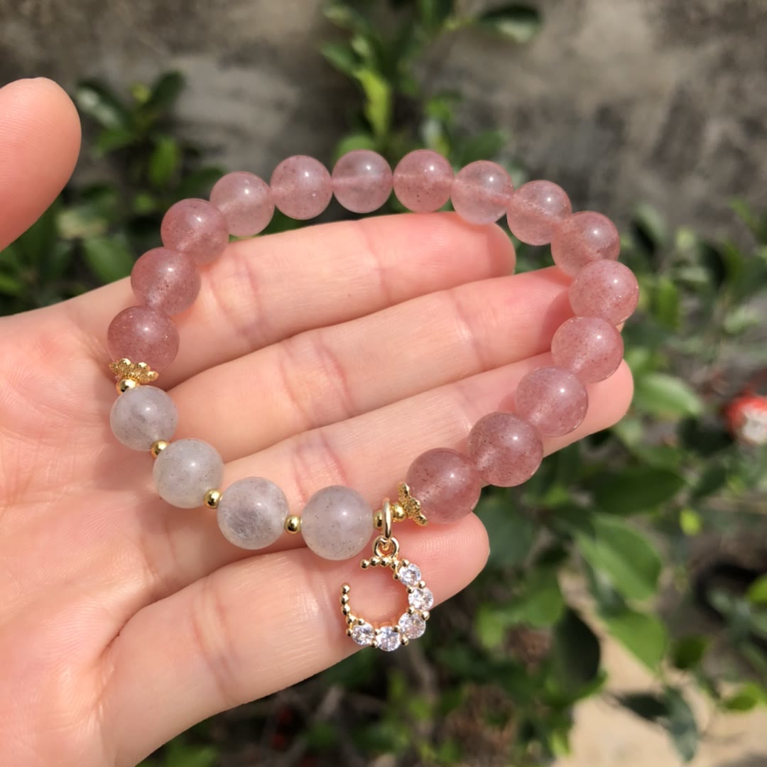 Olivenorma Natural Strawberry Quartz Labradorite Moon Charm Bracelet