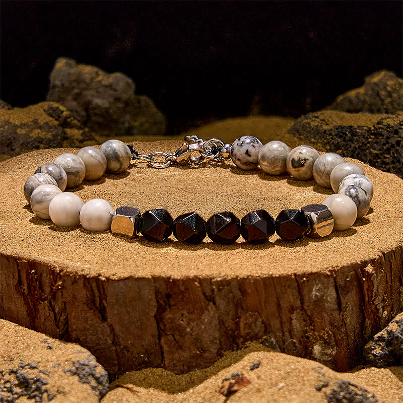 Olivenorma Faceted Black Onyx Grey Jasper Beaded Bracelet