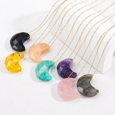 Olivenorma Natural Crystal Cut Moon Shape Pendant Necklace