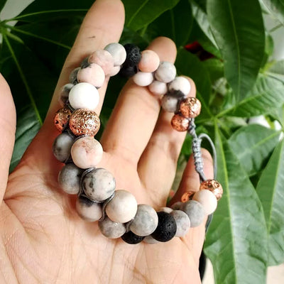 Olivenorma 2 Layers Lava Stone Pink Zebra Jasper Braided Bracelet