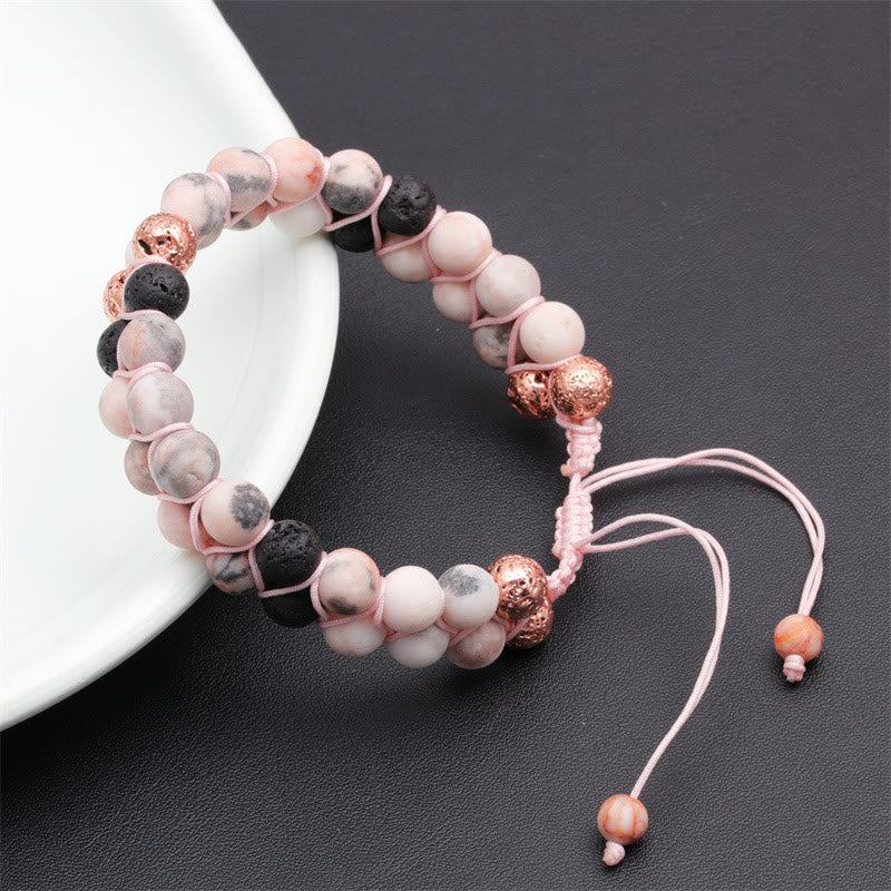 Olivenorma 2 Layers Lava Stone Pink Zebra Jasper Braided Bracelet