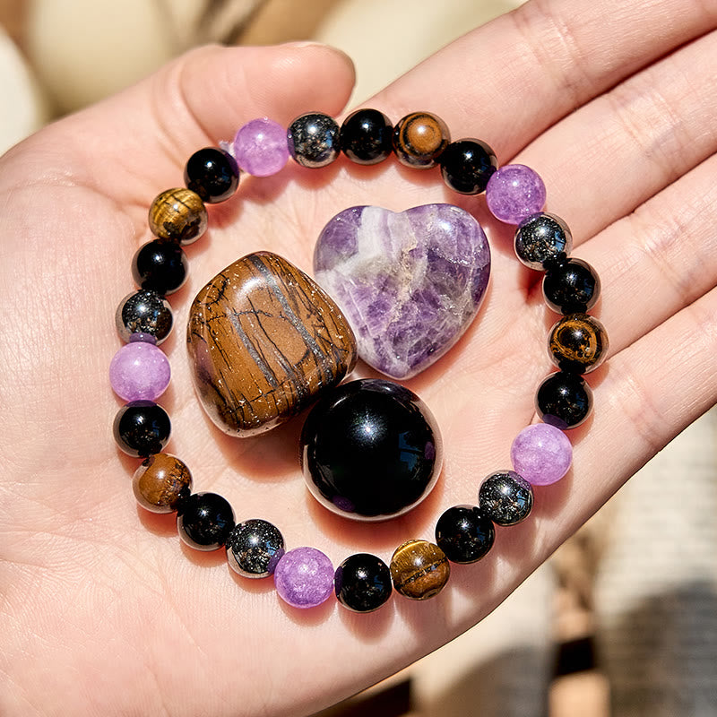 Olivenorma Amethyst Obsidian Tiger Eye Hematite Beaded Bracelet