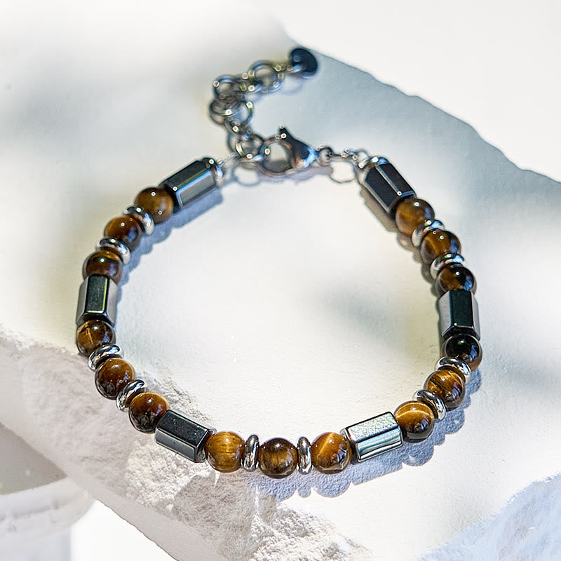 Olivenorma 6 Cylinder Hematite Tiger Eye Beaded Bracelet