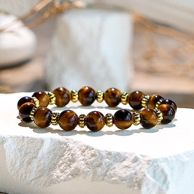 Olivenorma Natural Tiger Eye Gold Metal Beaded Bracelet