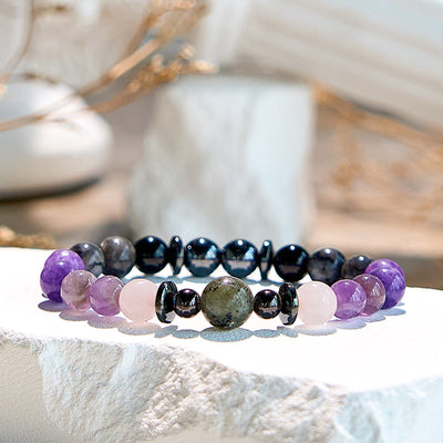 Olivenorma Natural Charoite Hematite Obsidian Beaded Bracelet