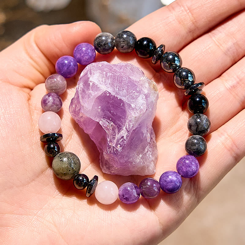 Olivenorma Natural Charoite Hematite Obsidian Beaded Bracelet