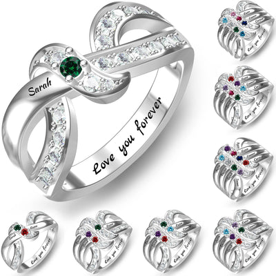 Olivenorma Birthstones Personalized Engraved Names Ribbon Knot Ring