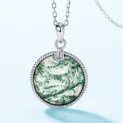 Olivenorma Natural Moss Agate Round Pendant Necklace