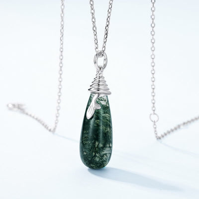 Olivenorma Natural Moss Agate Water Drop Pendant Necklace