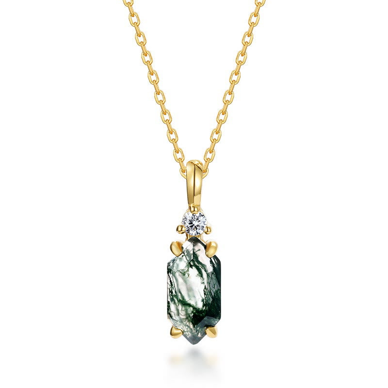 Olivenorma Moss Agate White Zircon Hexagon Pendant Necklace - Golden - image 5