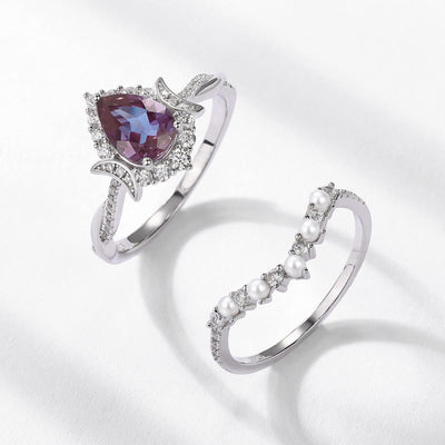 Olivenorma 2Pcs Pear Cut Alexandrite Ring Set