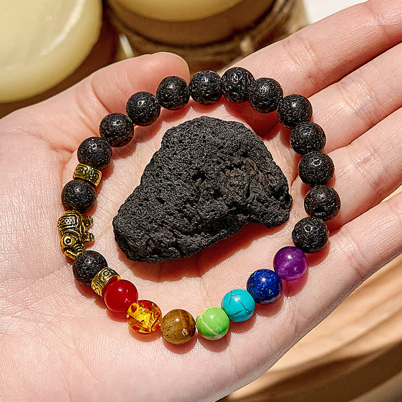 Olivenorma Lava Stone Chakra Elephant Pendant Beaded Bracelet