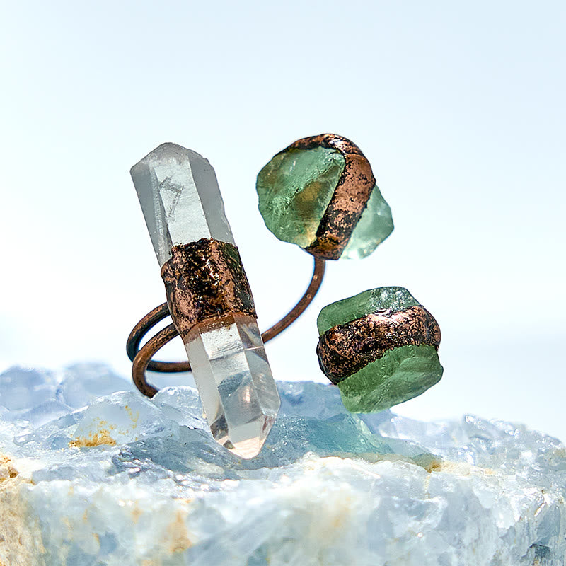 Olivenorma Clear Quartz Green Fluorite Adjustable Ring