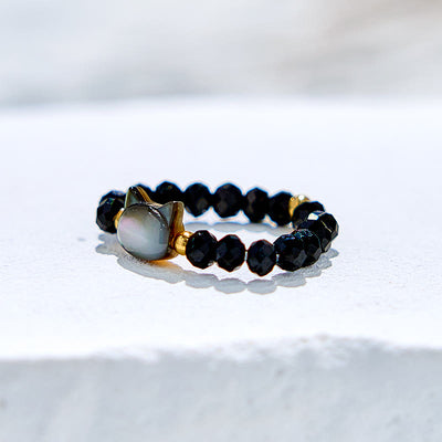 Olivenorma Natural Obsidian Clear Crystal Kitten Beaded Ring