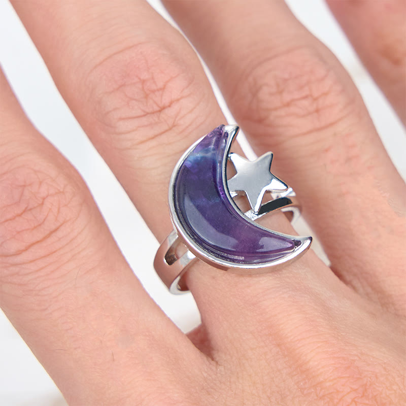 Olivenorma Natural Amethyst Moon Star Ring