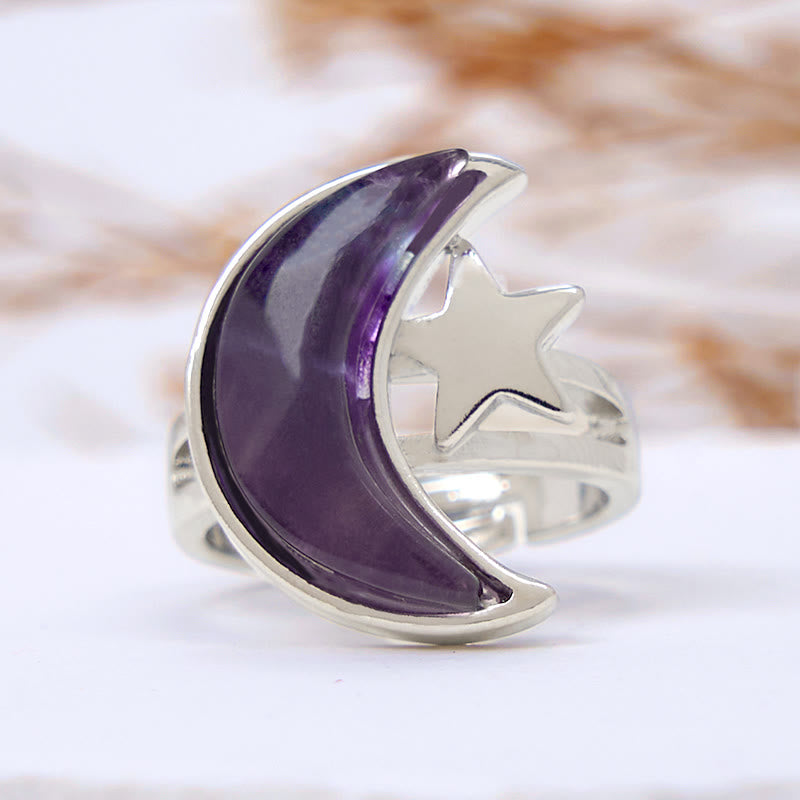 Olivenorma Natural Amethyst Moon Star Ring