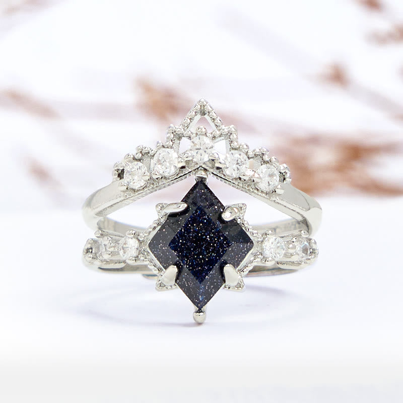 Olivenorma "Princess Crown" 2 Pcs Blue Sandstone Ring Set