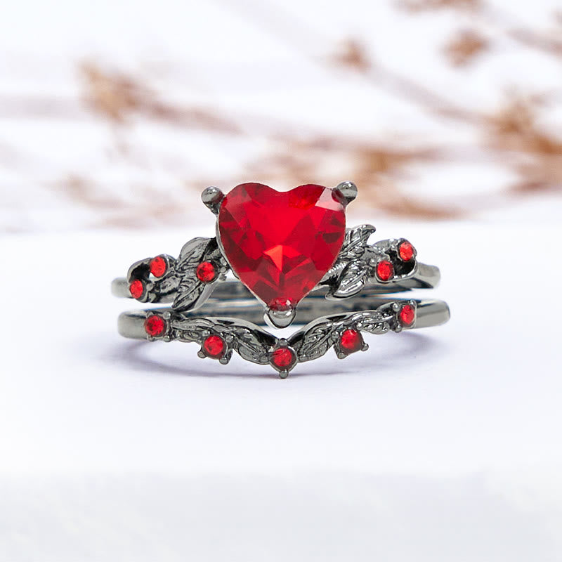 Olivenorma 2Pcs Heart Ruby Quartz Black Ring Set