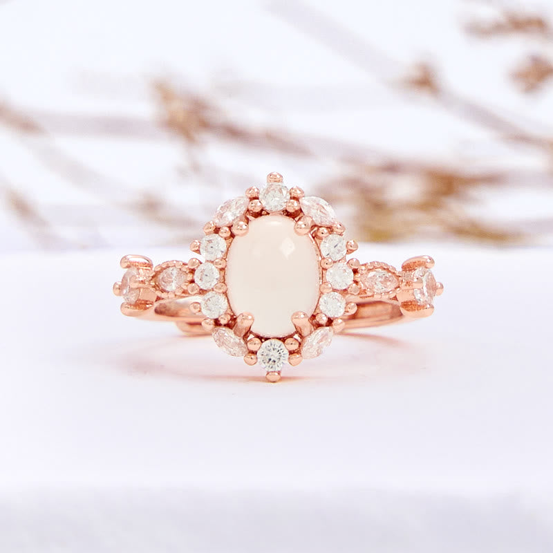 Olivenorma Oval White Chalcedony Flower White Zircon Ring