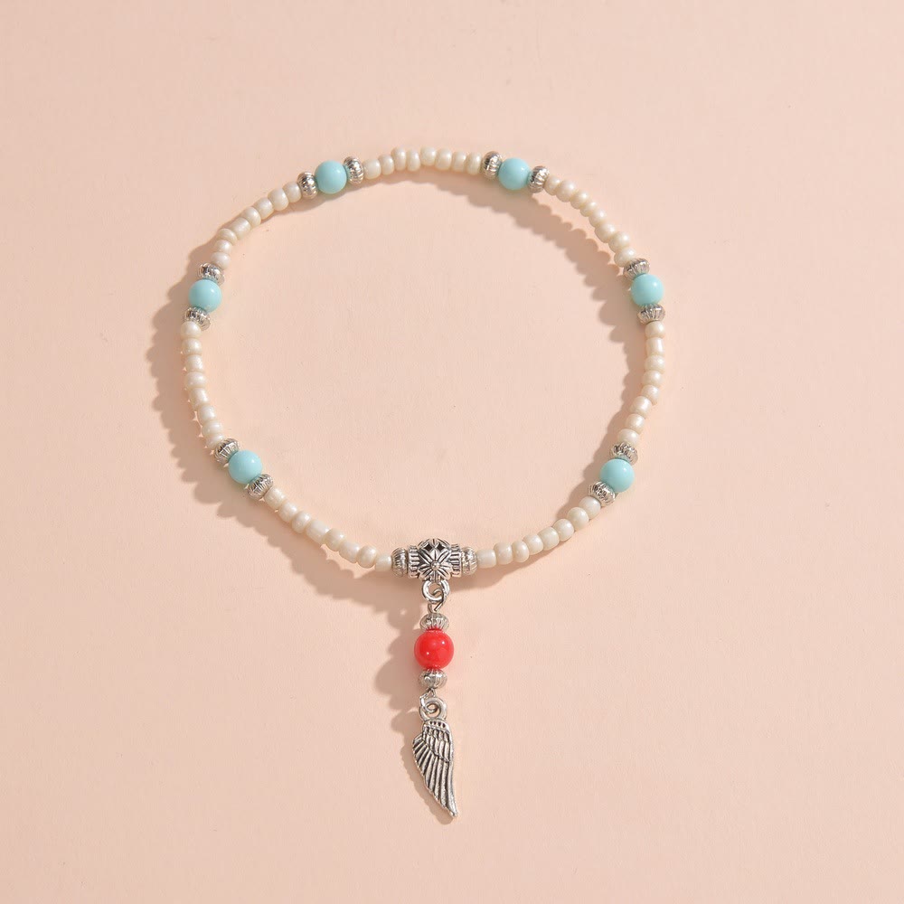 Olivenorma White Turquoise Beaded Metal Feather Pendant Anklet