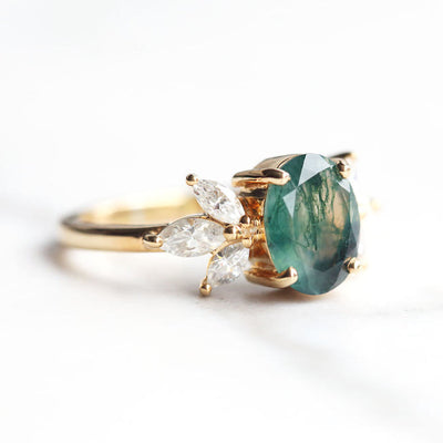 Olivenorma Oval Cut Moss Agate Zircon Leaf Ring