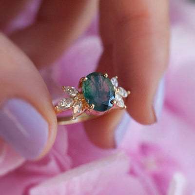 Olivenorma Oval Cut Moss Agate Zircon Leaf Ring