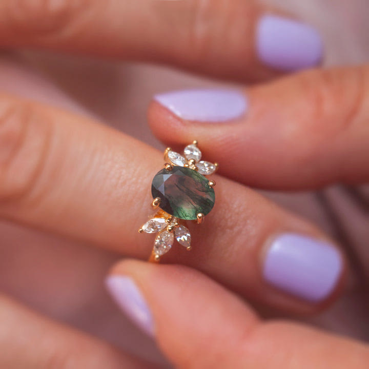 Olivenorma Oval Cut Moss Agate Zircon Leaf Ring