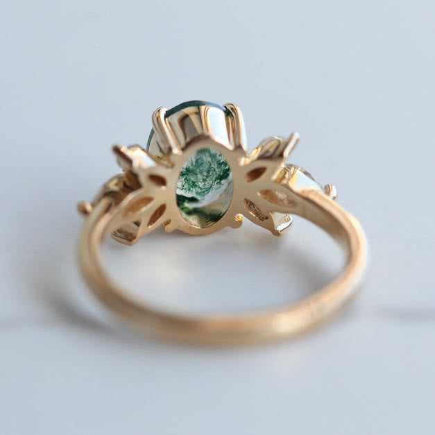 Olivenorma Oval Cut Moss Agate Zircon Leaf Ring